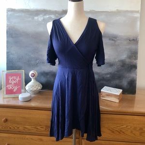 Navy open shoulder faux wrap dress